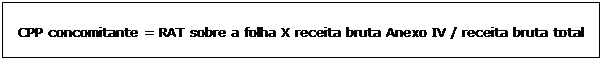 Caixa de texto: CPP concomitante = RAT sobre a folha X receita bruta Anexo IV / receita bruta total     